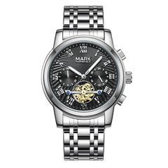 Silver watch with black dial on a white background