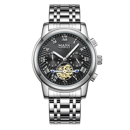 Silver watch with black dial on a white background