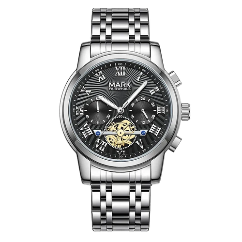 Silver watch with black dial on a white background