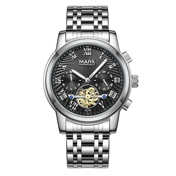 Silver watch with black dial on a white background