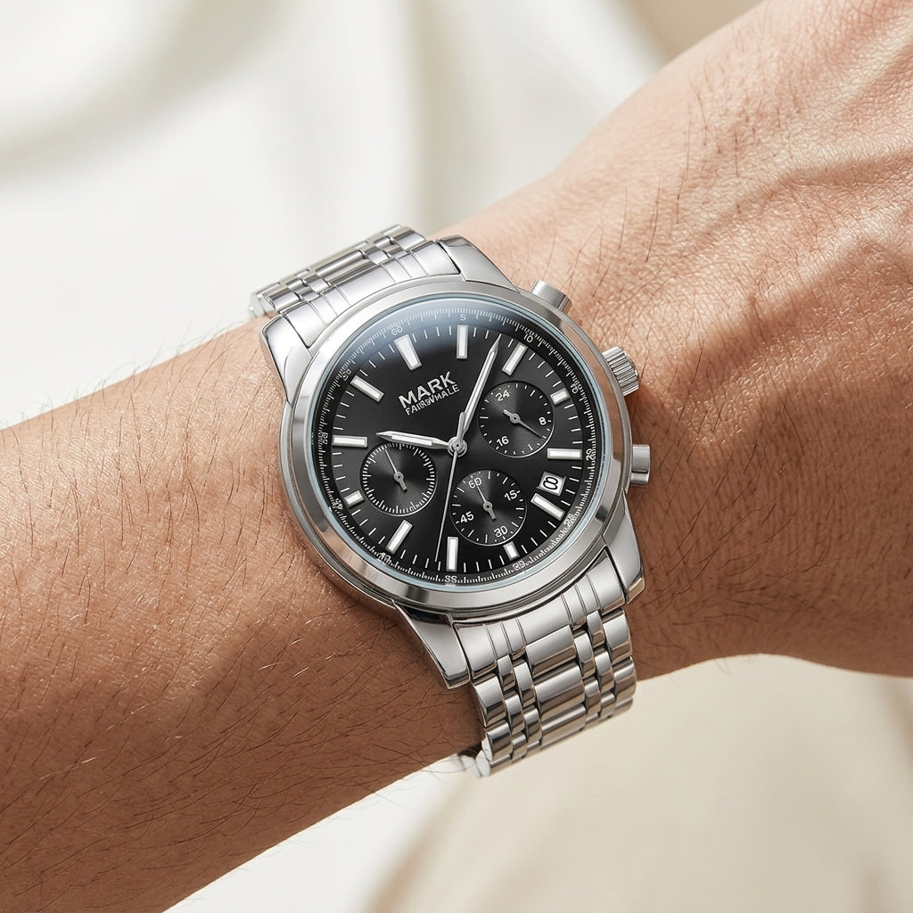 Silver watch with black dial on a wrist against a neutral background
