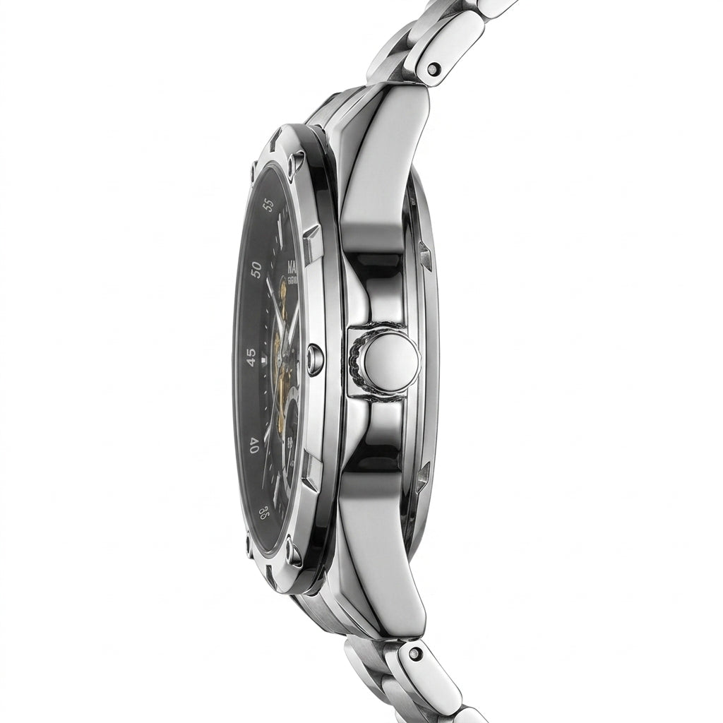 Silver watch with black dial on a white background