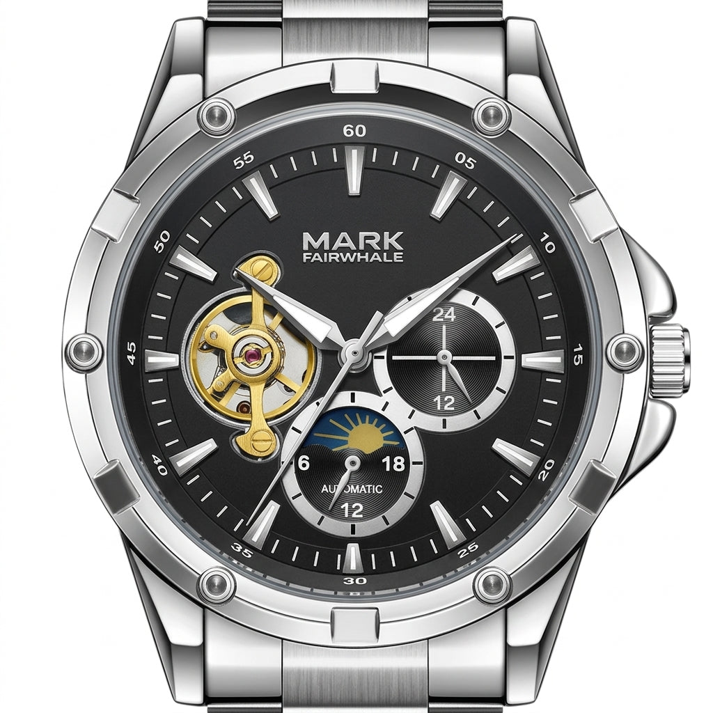 Silver watch with black face and visible brand name on a white background