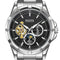 Silver watch with black face and visible brand name on a white background