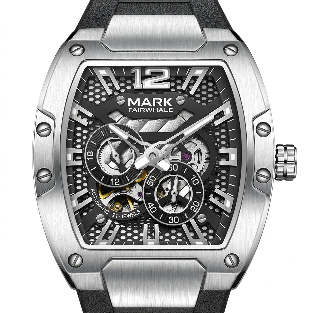 Silver watch with black face and visible brand name on a white background