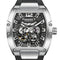 Silver watch with black face and visible brand name on a white background