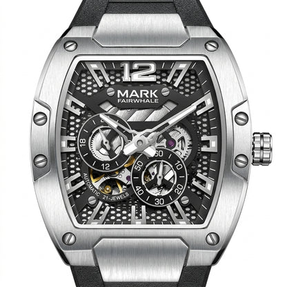 Silver watch with black face and visible brand name on a white background