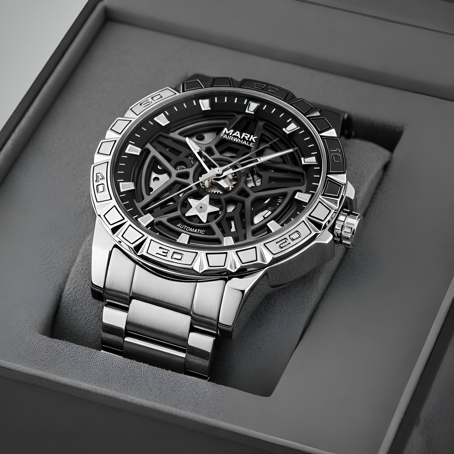 Silver watch with black face in a gray box