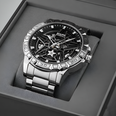 Silver watch with black face in a gray box