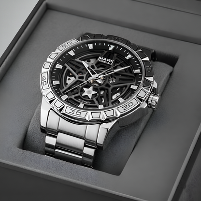 Silver watch with black face in a gray box