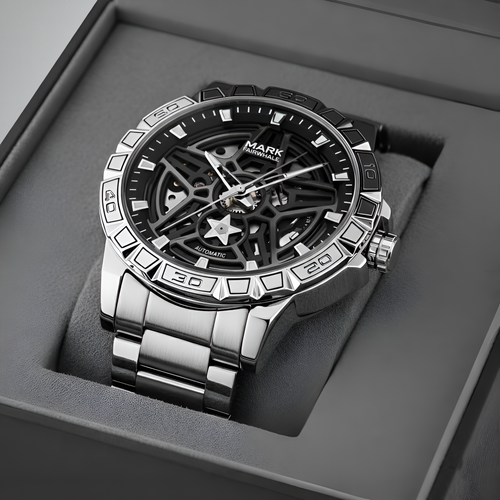 Silver watch with black face in a gray box