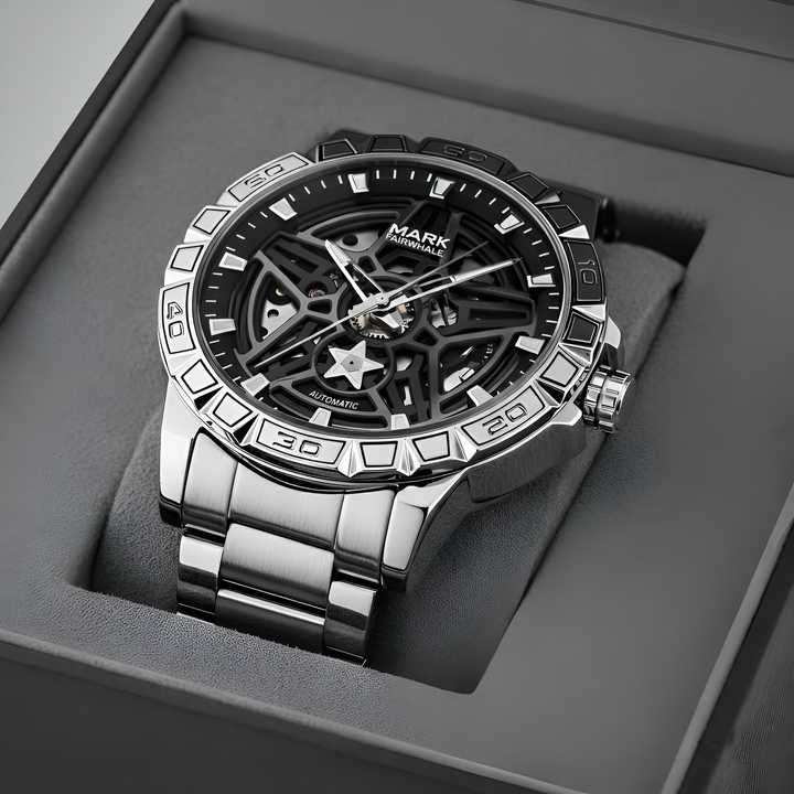 Silver watch with black face in a gray box