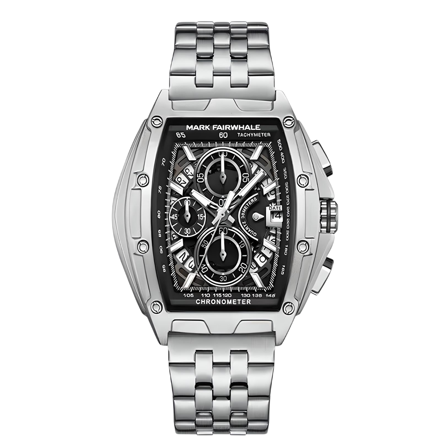 Silver watch with black face on a white background