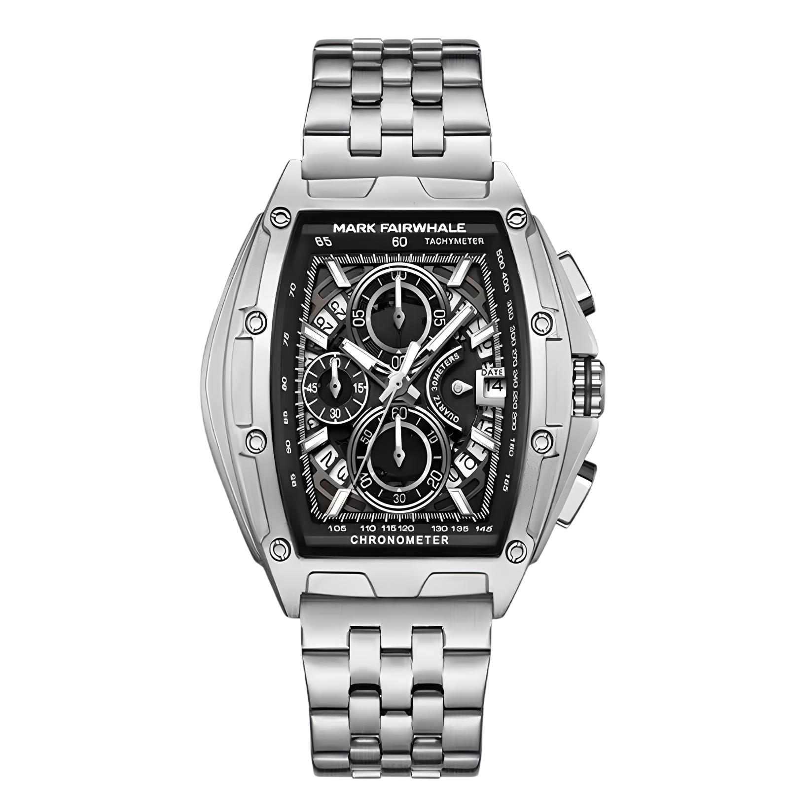 Silver watch with black face on a white background