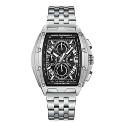 Silver watch with black face on a white background