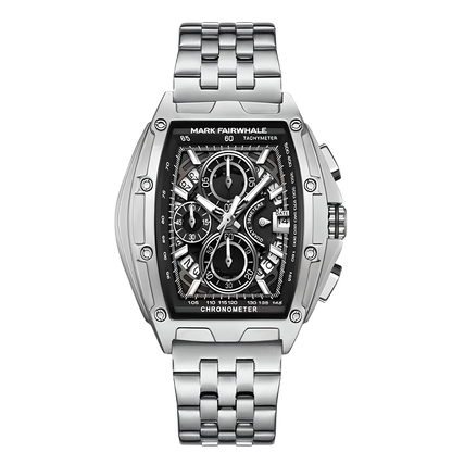 Silver watch with black face on a white background
