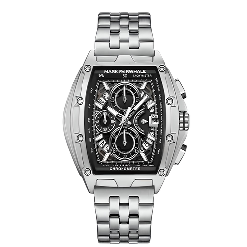 Silver watch with black face on a white background