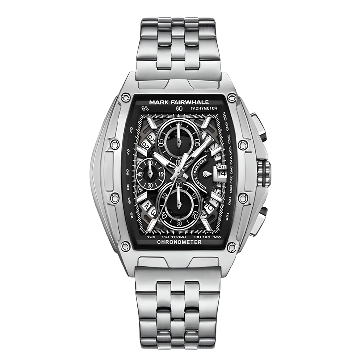 Silver watch with black face on a white background