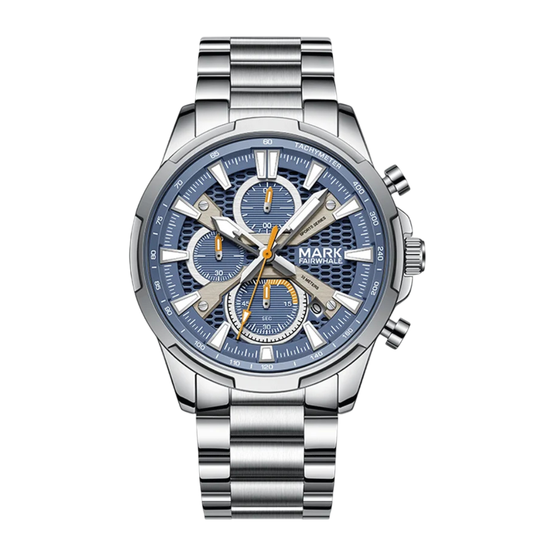 Silver watch with blue face on a white background