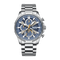 Silver watch with blue face on a white background