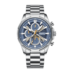 Silver watch with blue face on a white background