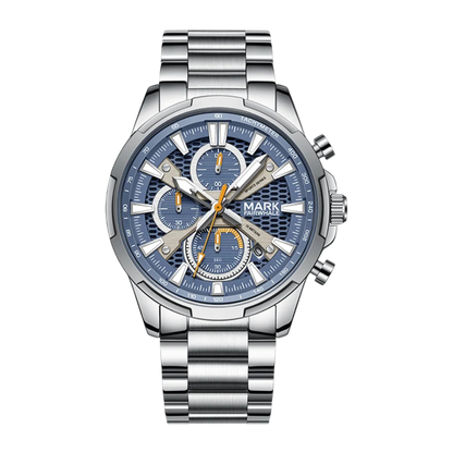Silver watch with blue face on a white background