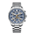 Silver watch with blue face on a white background