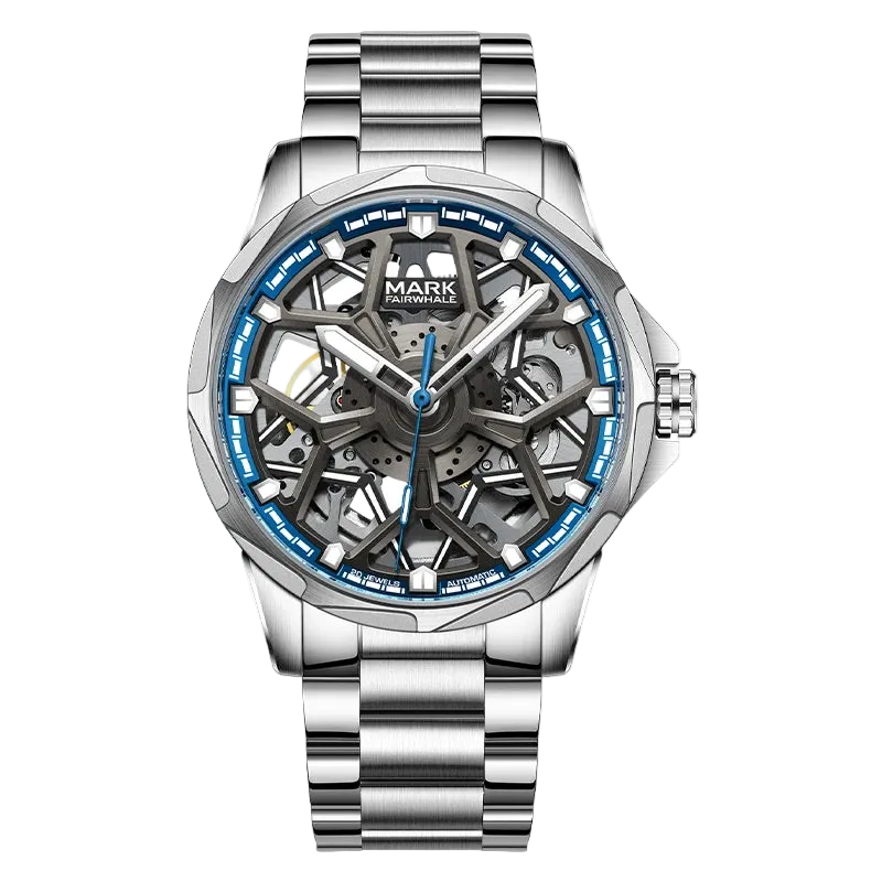 Silver watch with blue accents on a white background
