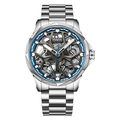 Silver watch with blue accents on a white background