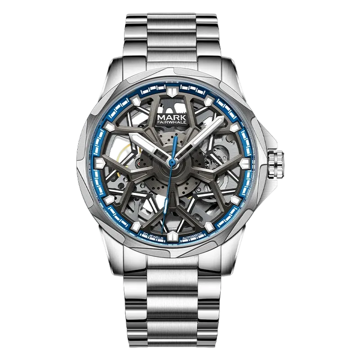 Silver watch with blue accents on a white background