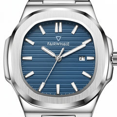 Silver watch with blue dial featuring the brand 'FAIRWHALE'.