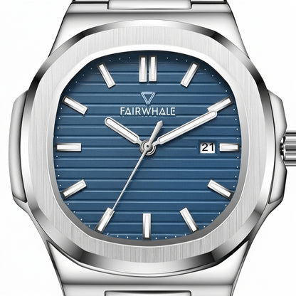 Silver watch with blue dial featuring the brand &