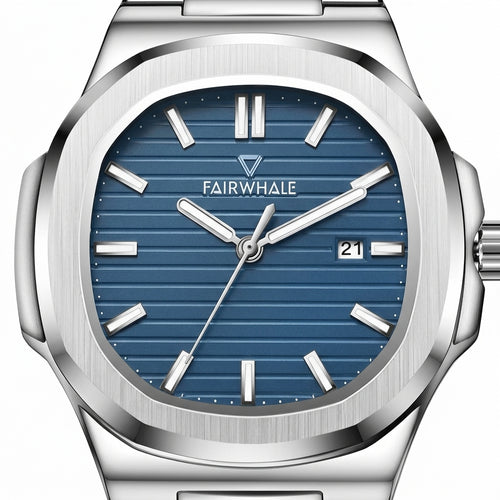 Silver watch with blue dial featuring the brand &