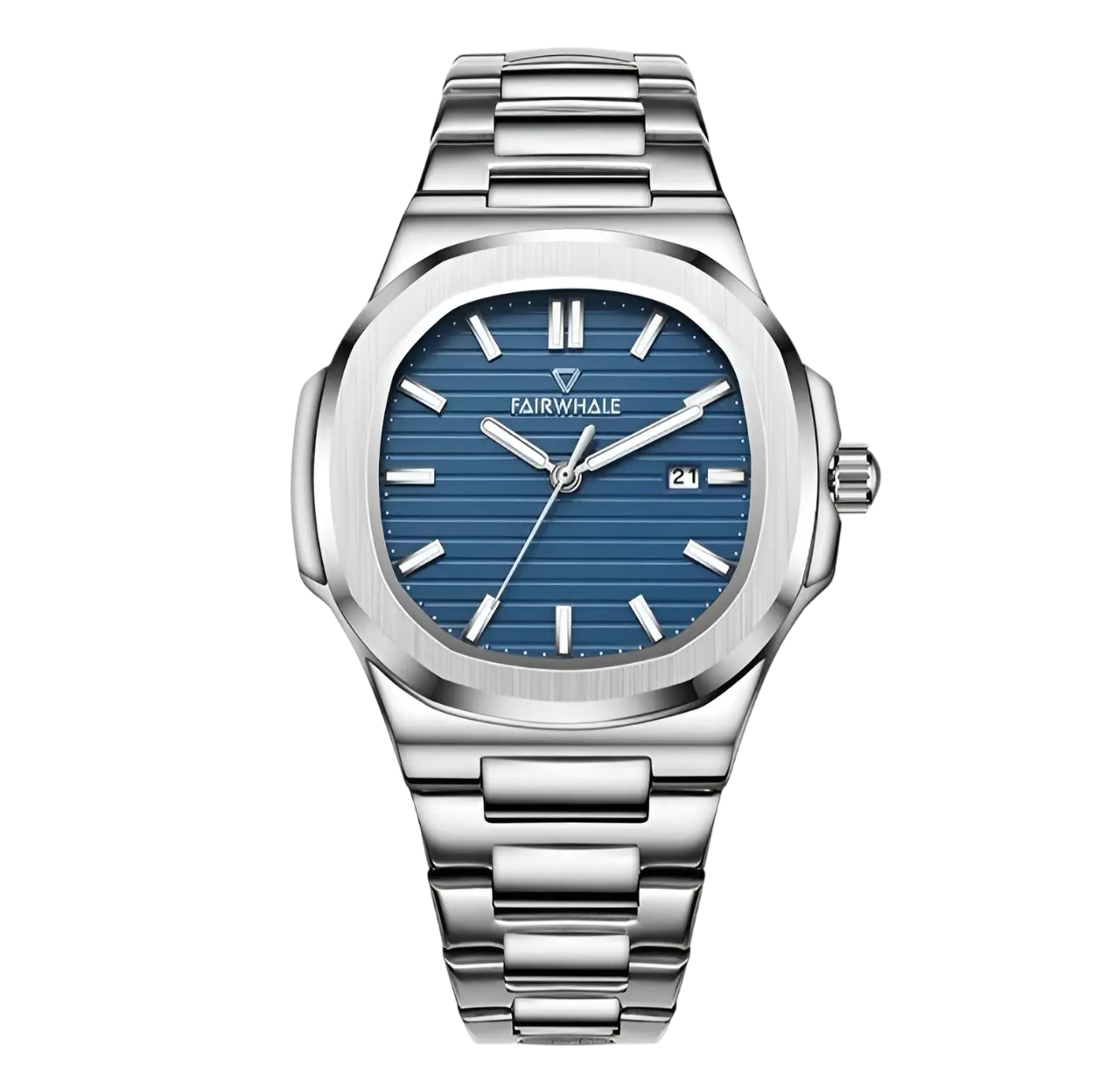 Silver watch with blue dial on a white background