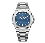 Silver watch with blue dial on a white background