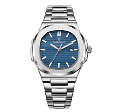 Silver watch with blue dial on a white background