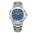 Silver watch with blue dial on a white background