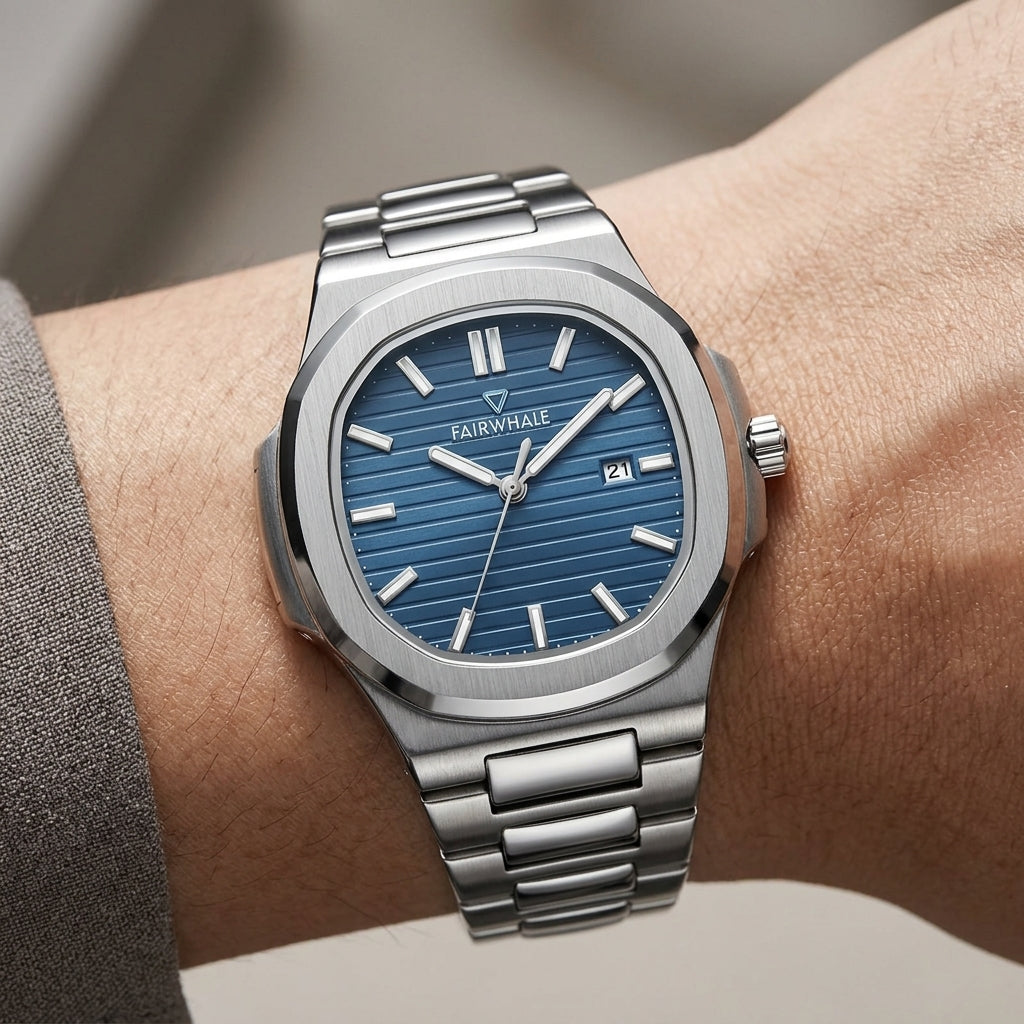 Silver watch with blue dial on a wrist, brand &