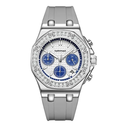 Silver watch with blue face and diamond-studded bezel on a white background