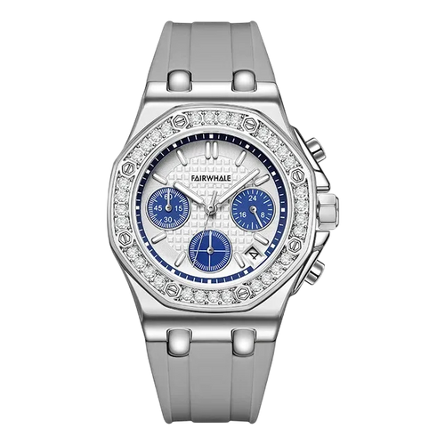Silver watch with blue face and diamond-studded bezel on a white background
