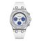 Silver watch with blue face and diamond accents on a white background