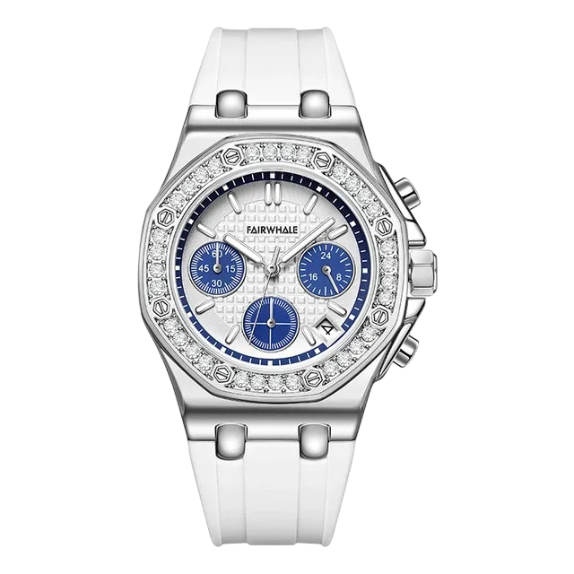 Silver watch with blue face and diamond accents on a white background