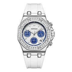 Silver watch with blue face and diamond accents on a white background