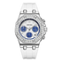 Silver watch with blue face and diamond accents on a white background