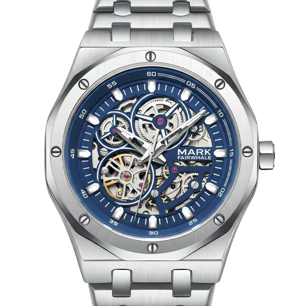 Silver watch with blue face and visible brand name on a white background