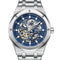 Silver watch with blue face and visible brand name on a white background