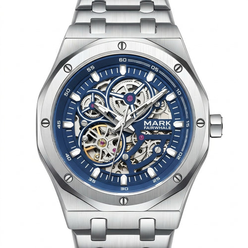 Silver watch with blue face and visible brand name on a white background