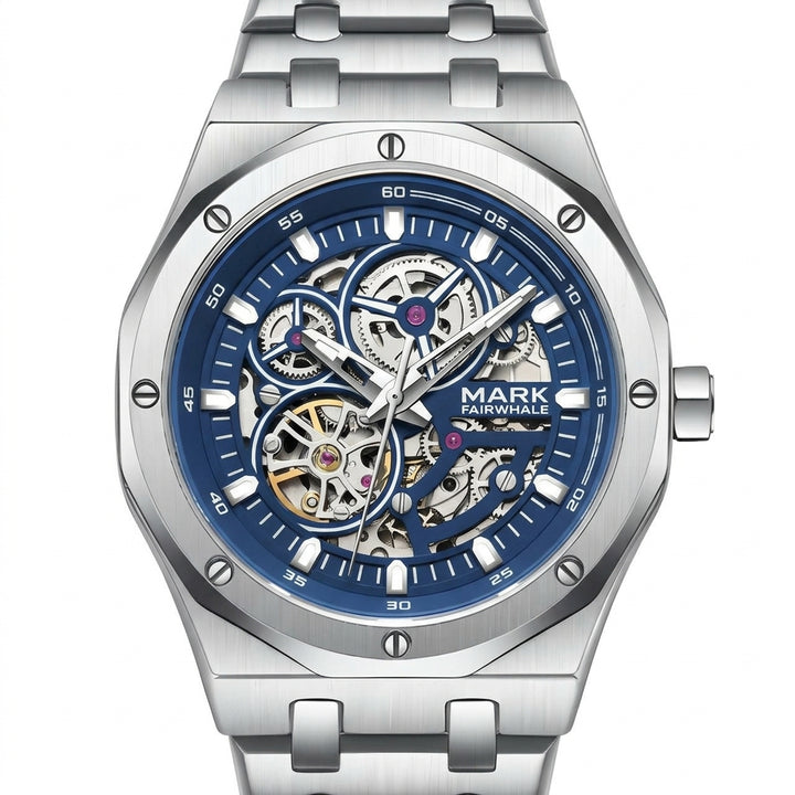 Silver watch with blue face and visible brand name on a white background