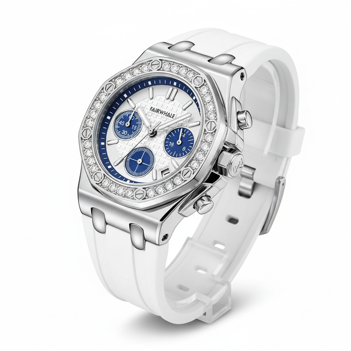 Silver watch with blue face and white band on a white background