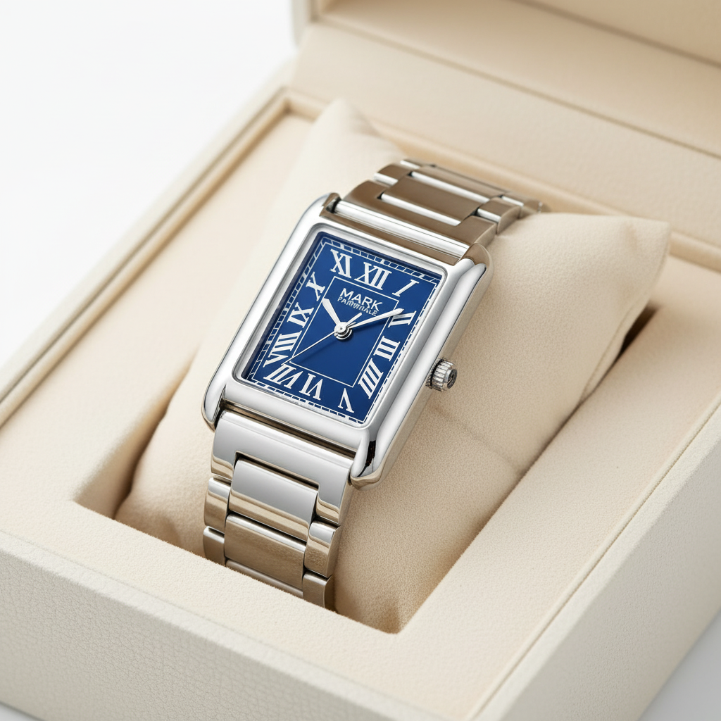 Silver watch with blue face in a beige box
